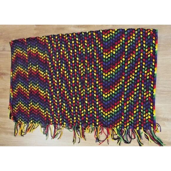 Vintage Hand Crocheted Afghan Blanket Throw - Handmade Black & Rainbow 60x47 - Picture 3 of 4